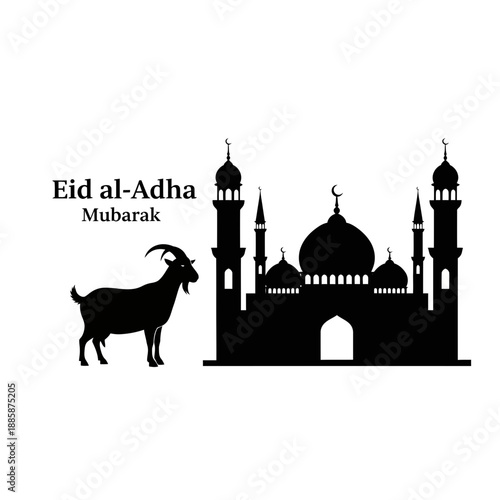 Eid al-adha mubarak greeting with mosque and goat silhouette