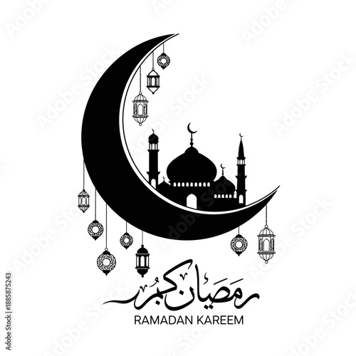 Ramadan kareem greeting with crescent moon and mosque