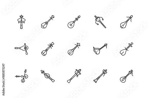 Mongolian Deel Instrument Bundle Icon, Traditional Mongolian Costume And Music Icon, Mongolian Folk Culture Deel And Instrument Symbol, Nomadic Mongolia Deel Music Icon Set, Mongolian Heritage Cloth