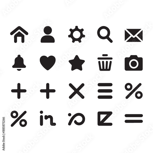 A simple black vector web icon set showing symbols for business, internet, people, music, arrows, money, and home use