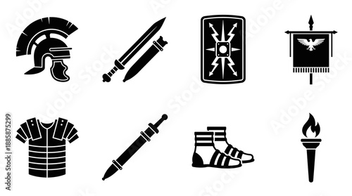 Collection of black silhouette icons representing ancient Roman military gear featuring a centurion helmet gladius sword scutum shield lorica armor vexillum banner sandals and fire torch