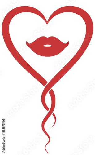 Elegant red heart icon with lips and swirling ribbon tail for romantic projects Modern red heart and lips graphic with intertwined lines for wedding invitation