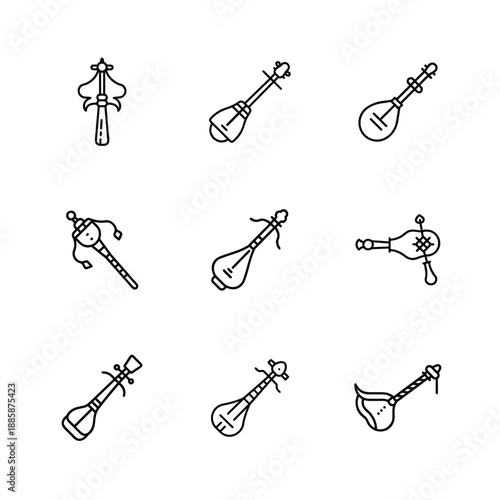Mongolian Deel Instrument Bundle Icon, Traditional Mongolian Costume And Music Icon, Mongolian Folk Culture Deel And Instrument Symbol, Nomadic Mongolia Deel Music Icon Set, Mongolian Heritage Cloth