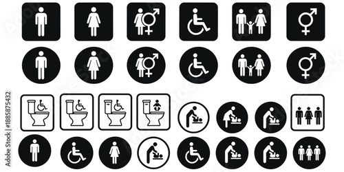 Black and White Icons for Restrooms, Gender, Family, and Accessibility Features symbol pictogram