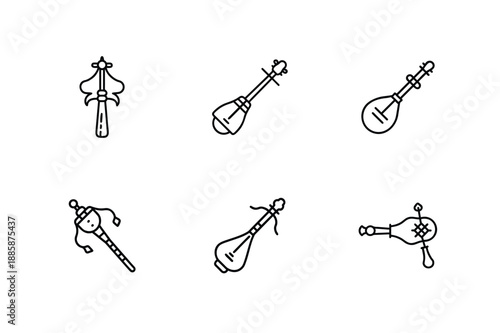 Mongolian Deel Instrument Bundle Icon, Traditional Mongolian Costume And Music Icon, Mongolian Folk Culture Deel And Instrument Symbol, Nomadic Mongolia Deel Music Icon Set, Mongolian Heritage Cloth