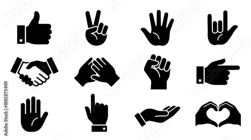Collection of black hand gesture icons including thumbs up peace sign handshake fist pointing and heart shape for communication and user interface design projects