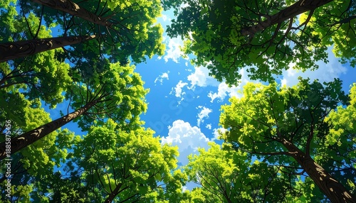 Looking up at the sky through the trees in a forest.
