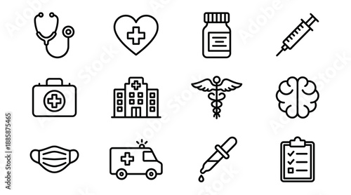Collection of minimalist black outline icons representing various medical services including ambulance hospital syringe stethoscope brain and first aid kit for healthcare design projects