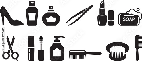 Beauty & Grooming Silhouettes - High Heel, Lotion Bottle, Perfume, Tweezers, Lipstick, Soap Bar, Scissors, Mascara Wand, Pump Dispenser, Comb, Round Brush