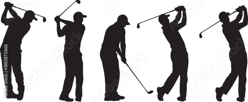 Black Vector Silhouettes of Golfer Performing Full Swing Sequence for Sports and Technique Design