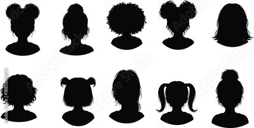 Black silhouettes of diverse female hairstyles and head shapes on a white background Keywords: silhouette, female, woman, girl