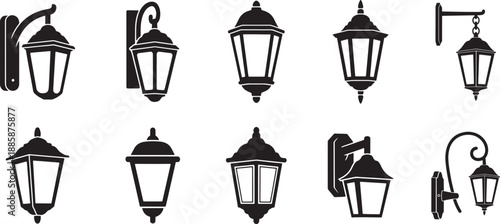 Vintage Wall Lantern Icon Set in Black Silhouette Style
