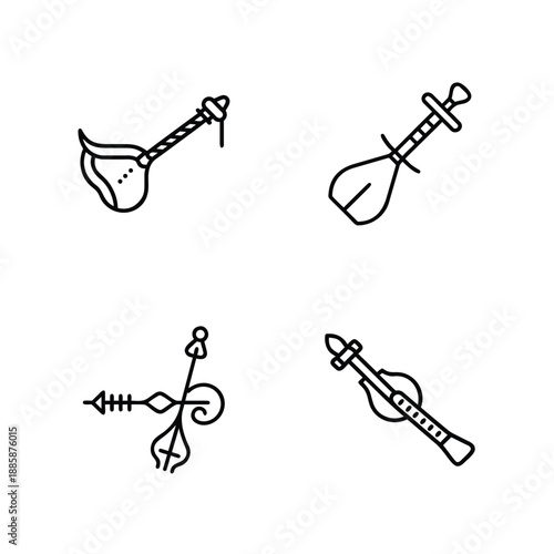 Mongolian Deel Instrument Bundle Icon, Traditional Mongolian Costume And Music Icon, Mongolian Folk Culture Deel And Instrument Symbol, Nomadic Mongolia Deel Music Icon Set, Mongolian Heritage Cloth