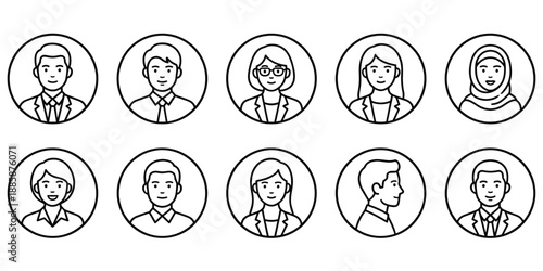 Circular line art icons of diverse people in profile and frontal views avatar person