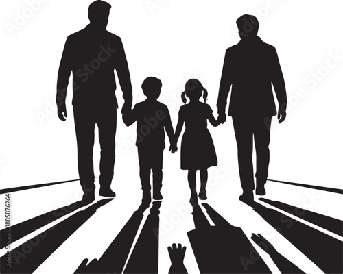 A silhouette of a blended family walking together hand in hand