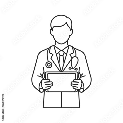 Line art illustration of a doctor holding a tablet, wearing a lab coat and stethoscope, representing healthcare professional.