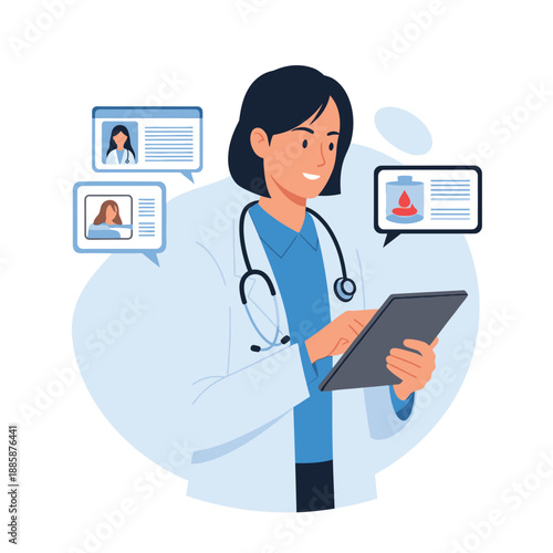 Female doctor using a digital tablet for online medical consultation and patient data management in a healthcare setting.