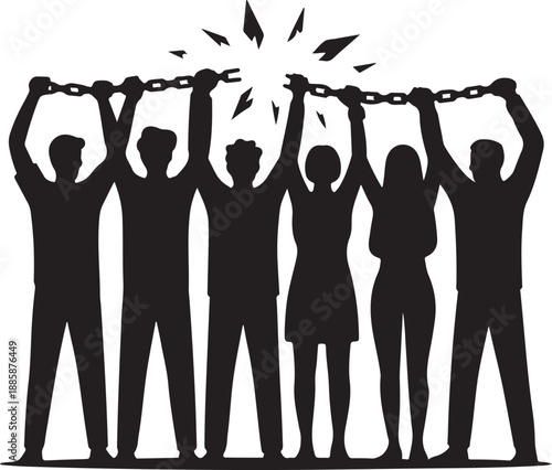 A group of people breaking free from chains in a powerful symbol of unity and liberation