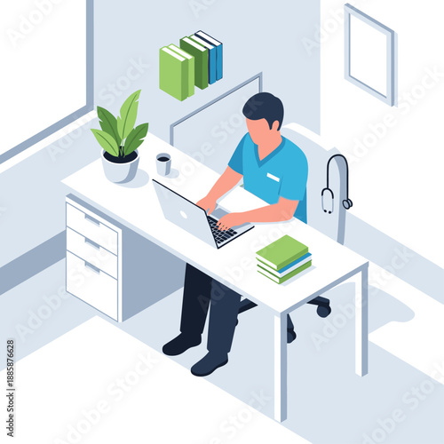 Doctor working on laptop in a medical office with books and stethoscope.