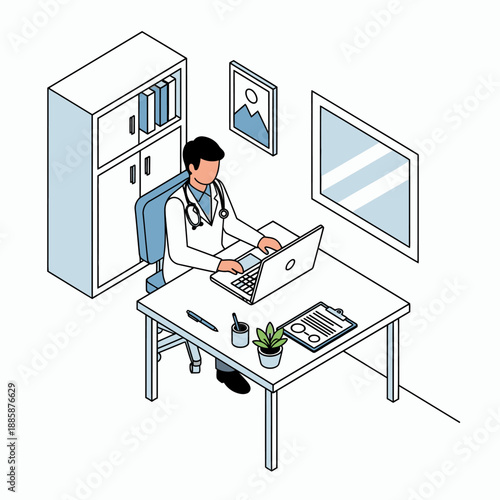 Isometric illustration of a doctor working on a laptop at a desk in an office, with a cabinet, picture, and mirror in the background.