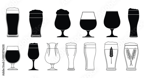 A collection of various beer glasses filled with dark beer, showcasing different styles and shapes.