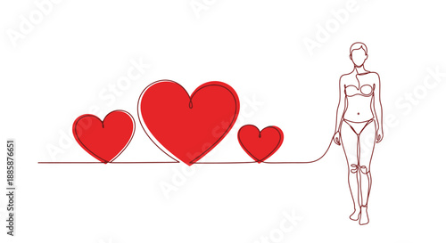 A conceptual line drawing of a person with a line connecting to three red hearts, symbolizing love and connection.
