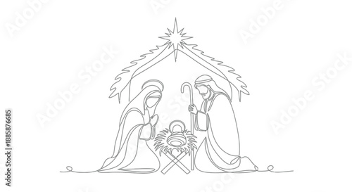 A single line drawing depicts the Nativity scene with Mary, Joseph, and baby Jesus in a manger under a starry stable.