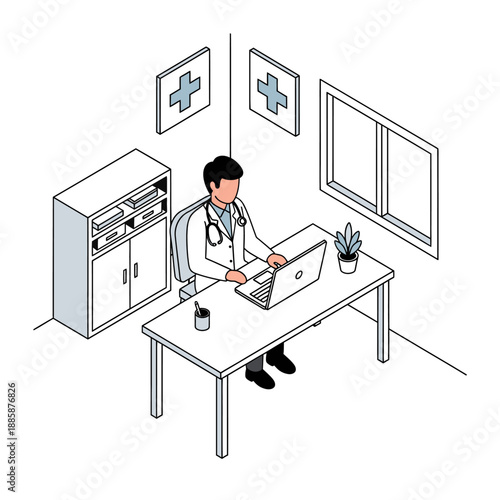 Doctor working on laptop in a medical office.