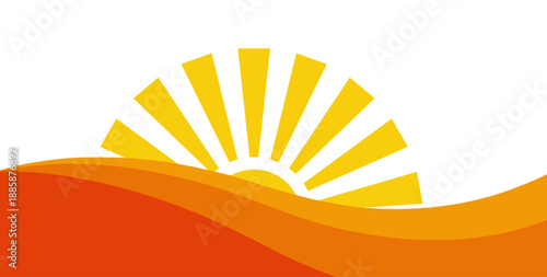 Vector illustration of a vibrant sunrise over gentle rolling waves. This image evokes feelings of hope and new beginnings.