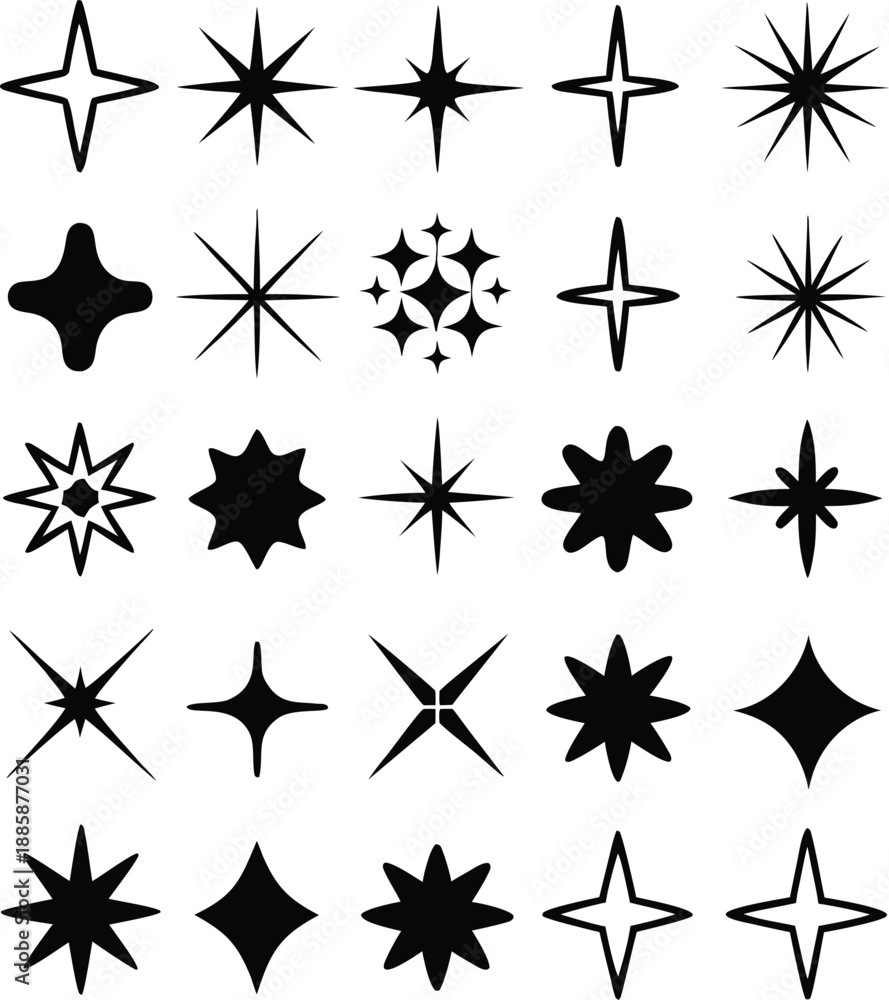 Obraz premium starburst icon grid with unique sparkle designs in black and white minimal graphic layout