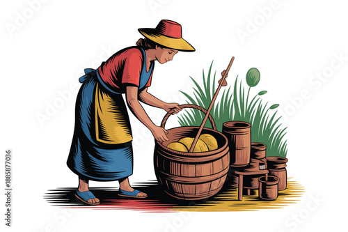 A woman farmer prepares the harvest in a rustic wooden barrel illustration