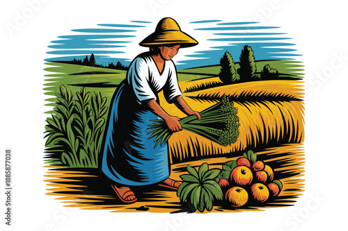 A farmer woman gathers fresh vegetables and fruits from the abundant harvest in the field