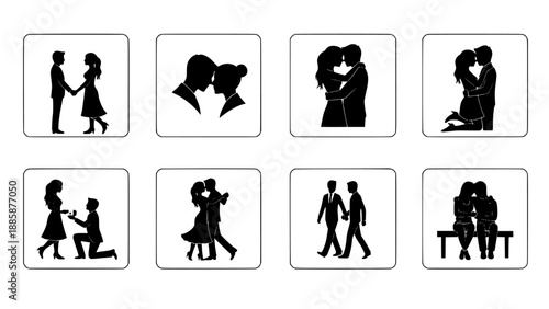 Collection of romantic couple silhouettes representing love, dating, and relationships