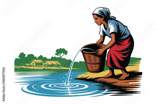 A woman fills a basket with water from a natural source in a developing country village