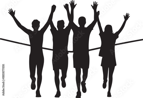 A group of people with their fists raised in solidarity and celebration