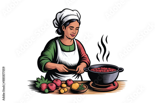 A female chef happily cooking a stew on the counter with fresh ingredients