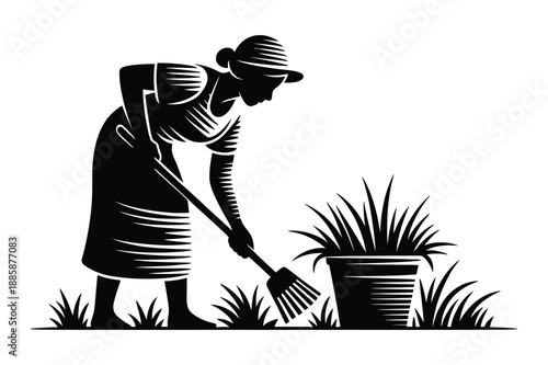 Woman tending to a potted plant with a rake in a classic silhouette design