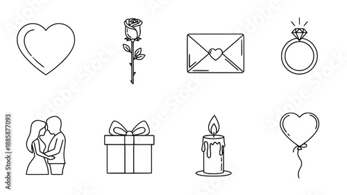 Lovely outline icons representing romance, affection, and celebration, perfect for heartfelt moments