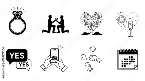 A diverse vector icon collection for wedding planning, engagement proposals, and joyful celebration events