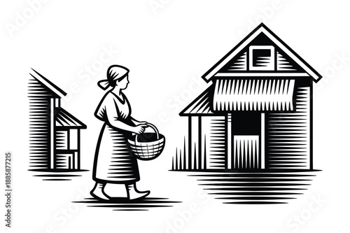 A woman carrying a basket walks past rustic wooden houses, illustrating simple country life