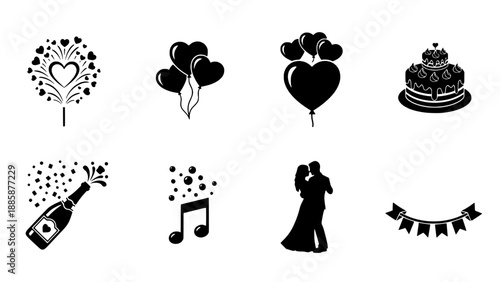 Vector set of love and party icons, featuring romantic symbols for weddings and joyful celebrations