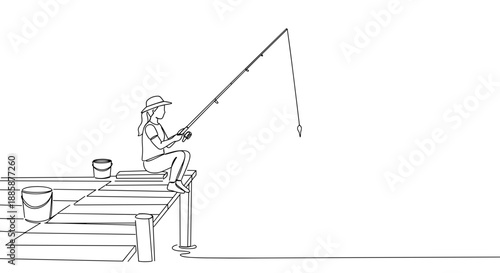 Line drawing of a man fishing on a wooden dock at sunset, silhouette style on a transparent background