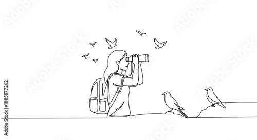 Line drawing of a woman photographing birds outdoors in a park on a transparent background with scattered flying birds and a scenic atmosphere.