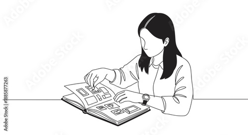 Line drawing of a woman assembling a scrapbook on a table with a transparent background