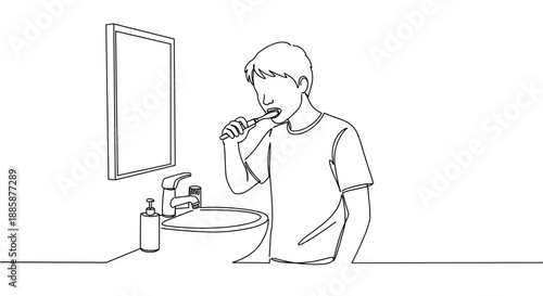 Line drawing of a young man brushing his teeth at a bathroom sink in front of a mirror on a transparent background