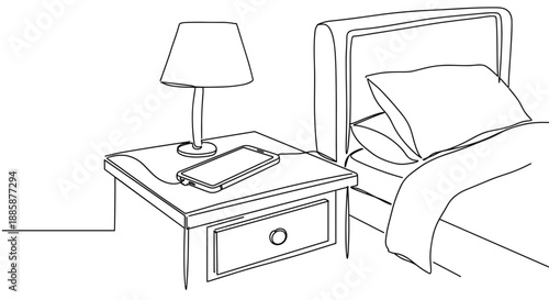 Line drawing of a bedside table with lamp and smartphone next to an unmade bed in a cozy bedroom isolated on a transparent background