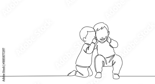 Line drawing of two children playing together indoors, one child kneeling and whispering to the other while sitting, on a transparent background