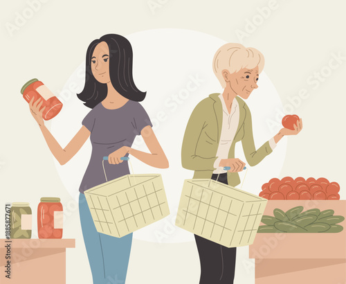 Women choosing different food options in grocery store