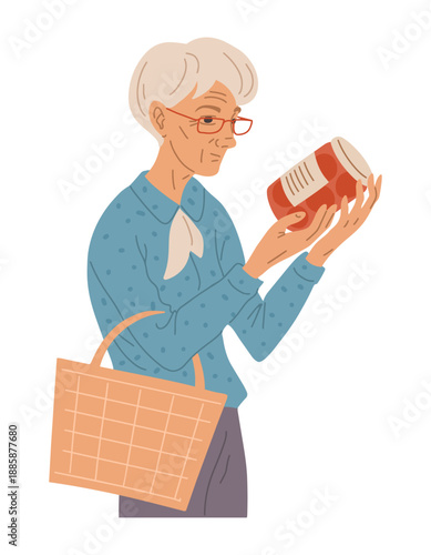 Elderly woman holding food jar isolated on white