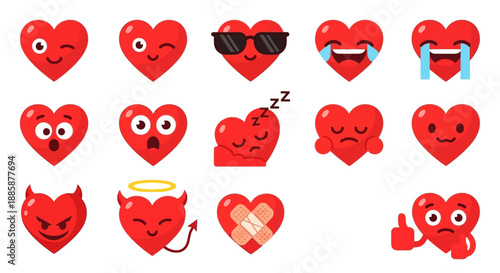 Expressive heart emoji collection depicting a full spectrum of emotions including joy, surprise, love, anger, and sadness, perfect for digital design, communication, and showing feelings